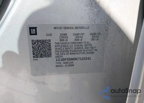 2019 Chevrolet Cruze Premier из США, поврежденный, VIN 1G1BF5SM0K7123241